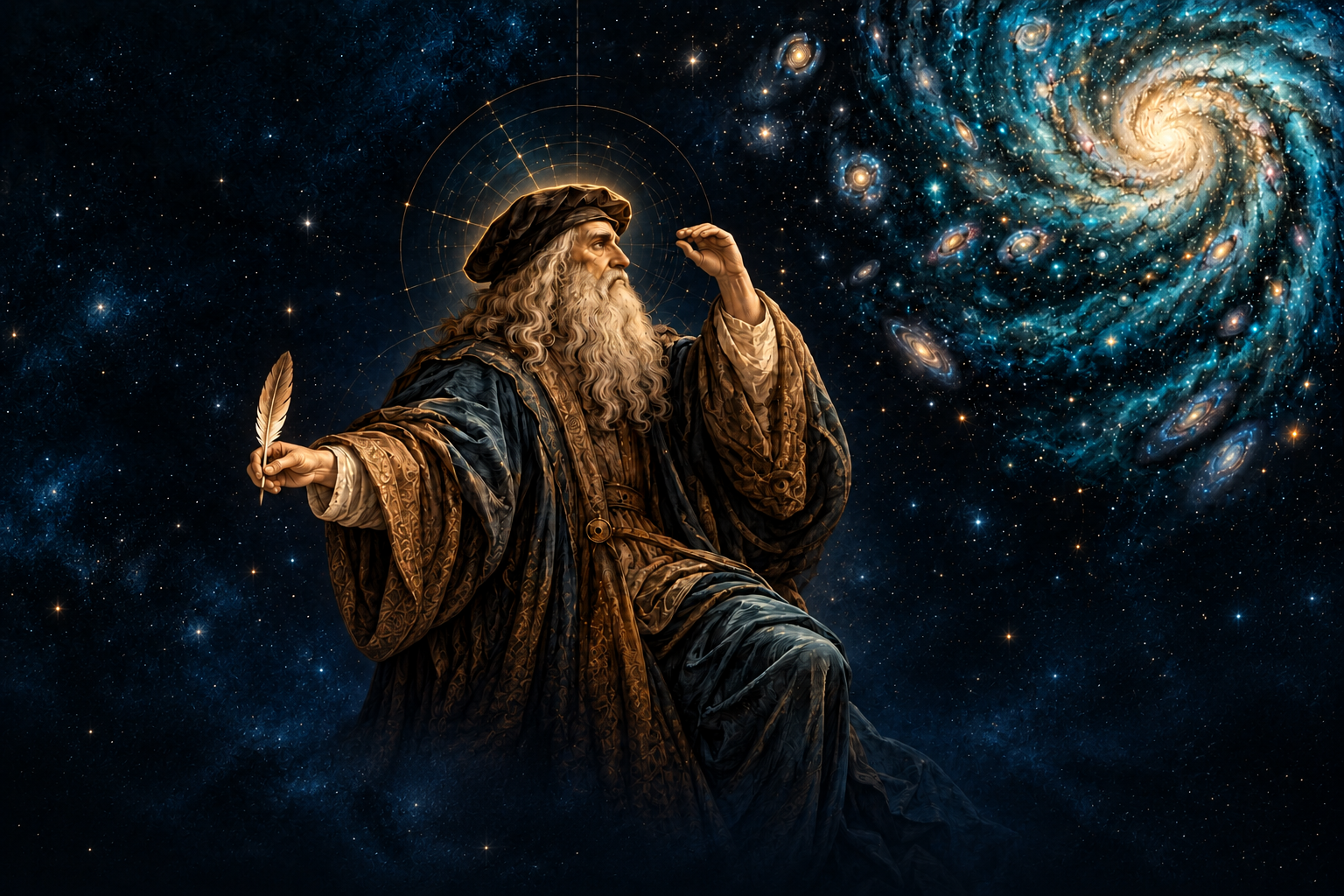 Leonardo da Vinci observa el universo y crea con su mano izquierda.